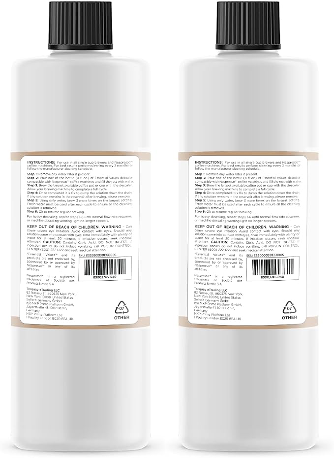 Essential Values Descaling Solution Compatible with Nespresso - Coffee Descaler - Coffee Maker Cleaner - Kettle, Espresso Machine Cleaning - 12 Month Supply 2-Pack