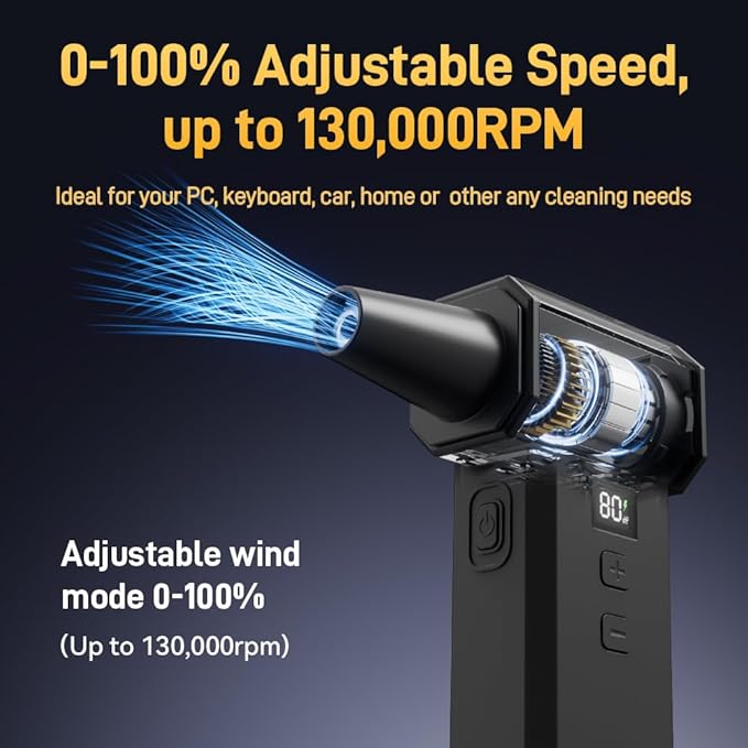2 in 1 Compressed Air Duster and Vacuum with Screen Display, 130000RPM Blow and Vacuum, 0-100% Adjustable Speed, 8000mAh Rechargeable Battery, Ideal for PC, Keyboard, car, Home Cleaning