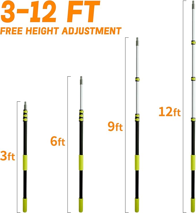 3-12ft Telescopic Extension Pole,Multi-Purpose Extension Pole with 180° Universal Thread Head, Black Oxide Aluminum Extendable Pole with Flip-Lock, for Painting,Dusting,Window Cleaning