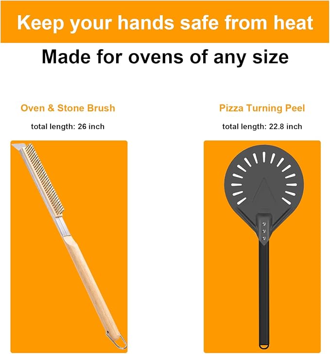 Pizza Oven Accessories Kit w/Pizza Oven Brush & Stone Scraper, 8 inch Pizza Turning Peel - Tools & Supplies Set - Compatible with Outdoor Ooni, Gozney, Ninja, Solo Ovens