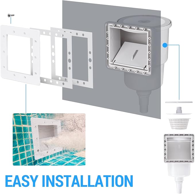Above Ground Pool Skimmer Kit, Heavy Duty Through Wall Pool Skimmers, Wall Mountedp Pool Skimmers for Filter Leaves, Hair, Bugs, and Impurities from The Surface of The Pools (Grey)