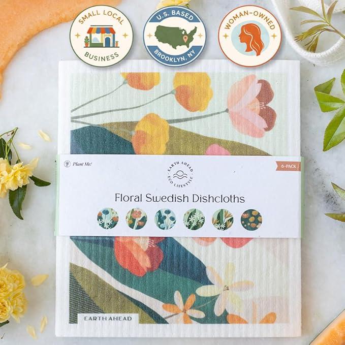 Swedish Dishcloths – Floral Designs Gift Set – Reusable Compostable Cellulose Sponge Cloth – Eco-Friendly Paper Towel Alternative 6 Pack