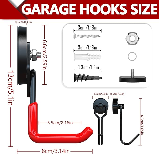 3-H Extra Strong Magnetic Hooks,Heavy Duty Large Anti-Slip Magnet Hooks,No-Drill Tool Holder for Garage,Power Drill,Garden Tools,Hose Storage,2 Pack Red