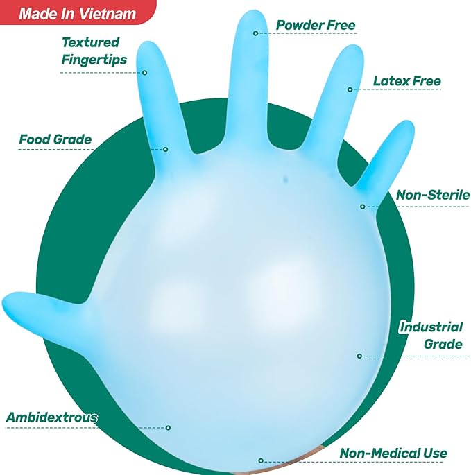 Kebada Nitrile Gloves D1, Nitrile Disposable Gloves for Cleaning, Food Prep, Industrial Grade, Non-Sterile, Food Safe, Powder & Latex Free, Touchscreen, Blue, 100 Count, Small (Made in Vietnam)