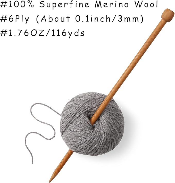 100% Merino Wool Yarn, 6-Ply Luxurious and Soft Yarn for Hand Knitting & Crocheting, 1.76 OZ/50g, 127 yds/116 Meters (Gray, 3 Balls)