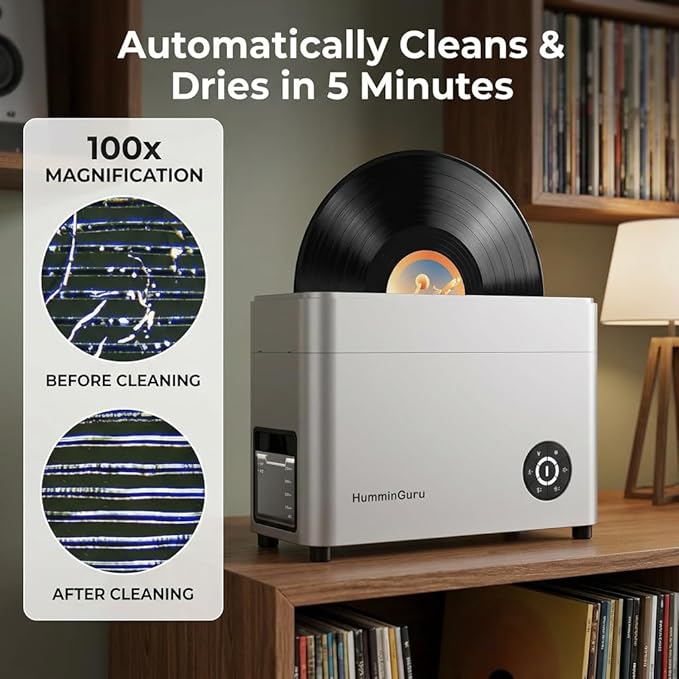 HumminGuru Ultrasonic Vinyl Record Cleaner- 40kHz Ultrasonic Vinyl Record Cleaning Machine with Auto Drying, Vinyl Cleaner Kit with Filters, 1Y Warranty (Sliver, 7/10/12 Inch)