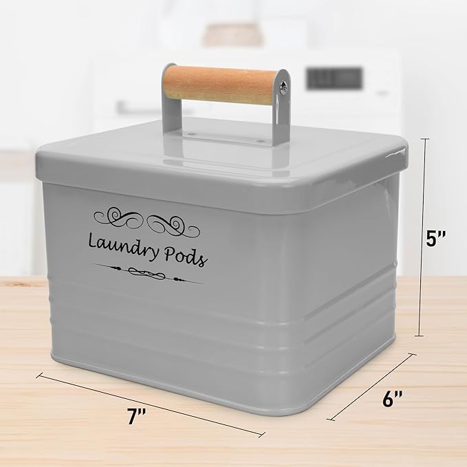 ELITAPRO Laundry Pods Holder - Modern Farmhouse Laundry Pods Container - Metal Detergent Pods Container with Lid for Laundry Room Decor and Accessories - Laundry Room Organization & Storage (Khaki)