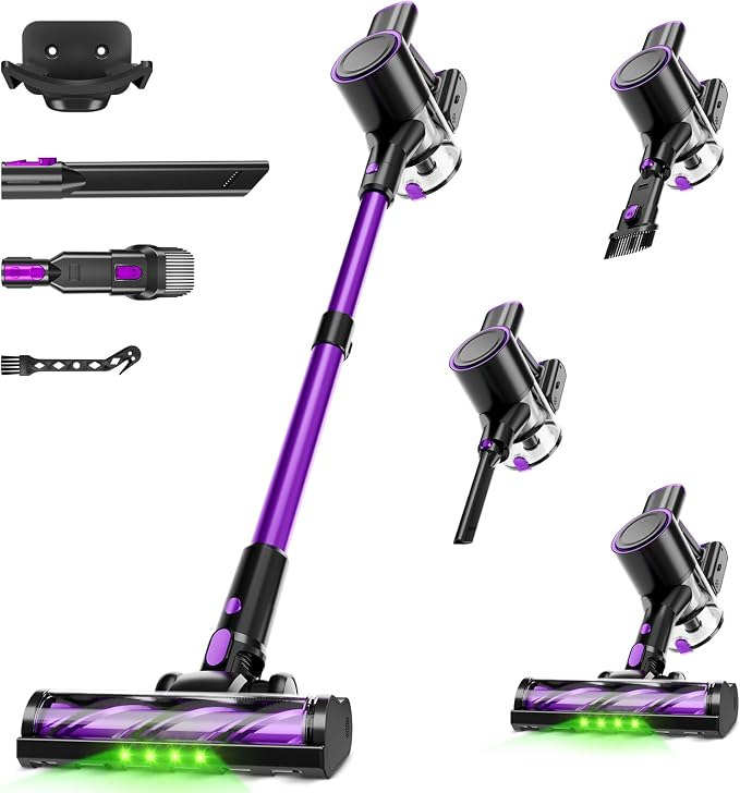 Cordless Vacuum Cleaner, 500W/40Kpa Vacuum Cleaners for Home, Stick Vacuum Cordless with LED Display, Anti-Tangle & Wall Mount, 8 in 1 Lightweight Vacuum for Hard Floors Pet Hair(Purple)
