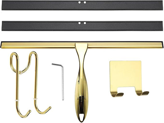 uxcell 14 Inch Shower Squeegee for Glass Doors, Stainless Steel All-Purpose Bath Squeegee with Hooks Holder Square Sticky Hook for Bathroom Window Mirror Car Glass, Gold