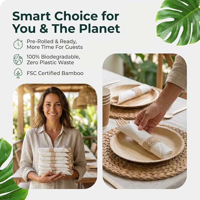 Pre Rolled Napkin and Bamboo Cutlery Set - 30 Pack Bamboo Utensils Wooden Cutlery 30 Forks 30 Knives 30 Spoons 30 Napkins, Pre Wrapped Disposable Silverware Cutlery for Party, Wedding, Events