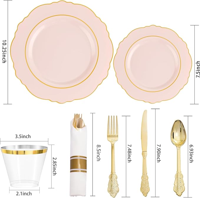 Liacere 350PCS Pink Plates Disposable-PinK Plates 50guest Baroque Plastic Dinnerware include 100Plates, 50Pack Pre Rolled Napkins with Silverware 50Cups Perfect for Wedding & Party & Baby shower