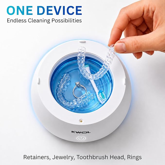 Ultrasonic Retainer Cleaner Machine - 48kHz Aligner and Denture Cleaner for Mouth Guard, Night Guard, Dental Trays, Braces, Toothbrush and Jewelry with 200ml Capacity