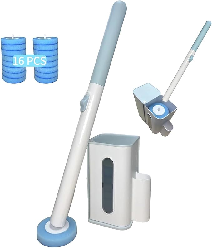Disposable Toilet Brush with 16 Wand Cleaner Refills Pads，Wall Mounted Toilet Bowl Holder Set，Toilet Cleaning System Starter Kit，Bathroom Cleaning System for Sink Bathtub Wash Basin