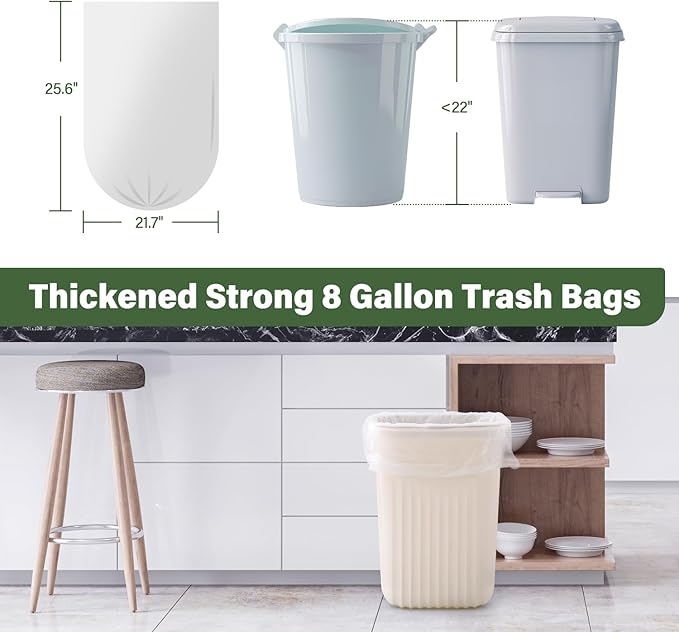Jaoul 8 Gallon Trash Bags Medium, 0.97 Mil Thicken Trash Bags 8 Gallon for 30 Liter Trash Can for KitchenvHome Office Car, White, 100 Counts