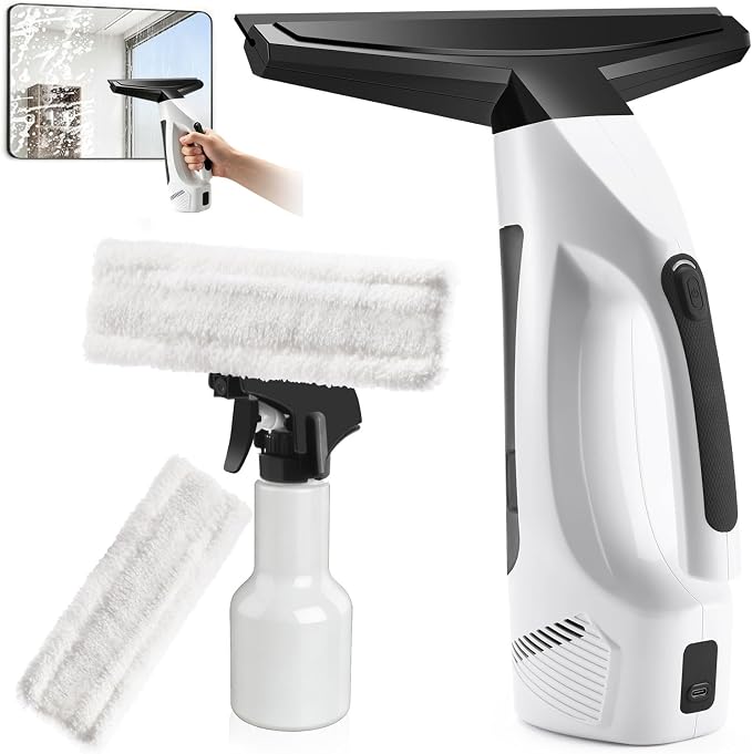 Window Vacuum Squeegee Cordless, 2000Pa Electric Window Vacuum Cleaner with 200ML Water Tank, Rechargeable Electric Squeegee for Windows, Tiles, Mirrors, Showers, Glass, 2200mA