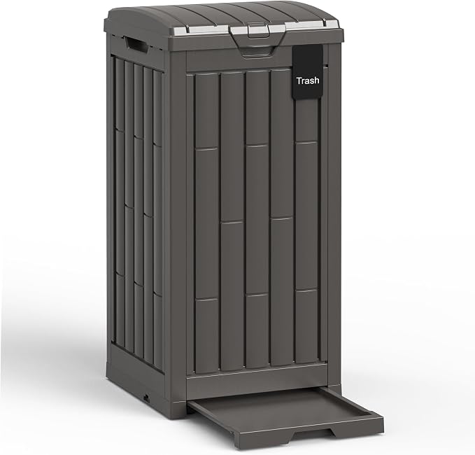Outdoor Trash Can, 30 Gallon Garbage Can with Tiered Lid and Drip Tray, Waterproof Resin Waste Bin for Patio, Garden, Backyard, Deck, Brown