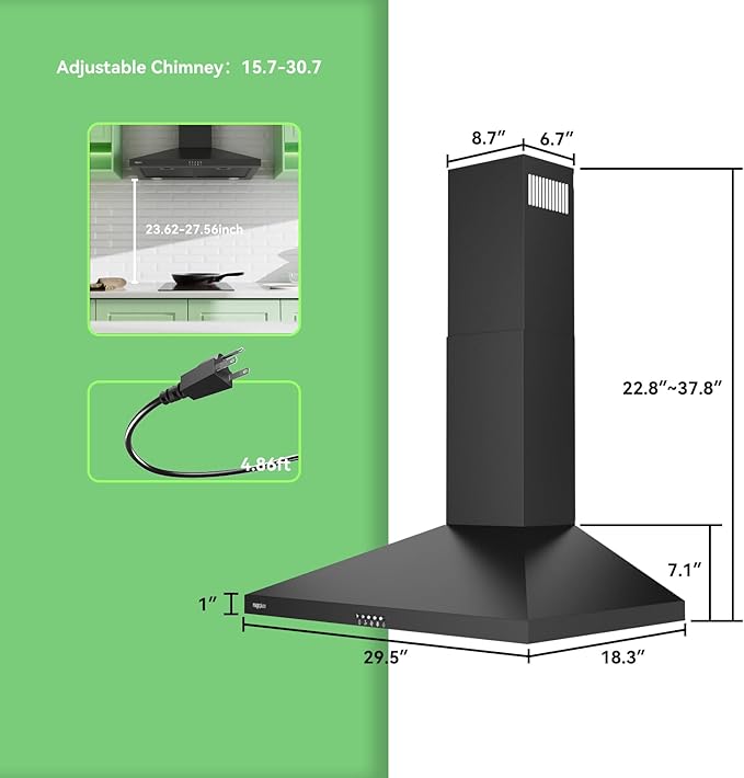 magicplux Wall Mount Range Hood 30 inch, 380 CFM Kitchen Hood With Ducted/Ductless Convertible, 3 Speed Exhaust Fan with LED light, Balck