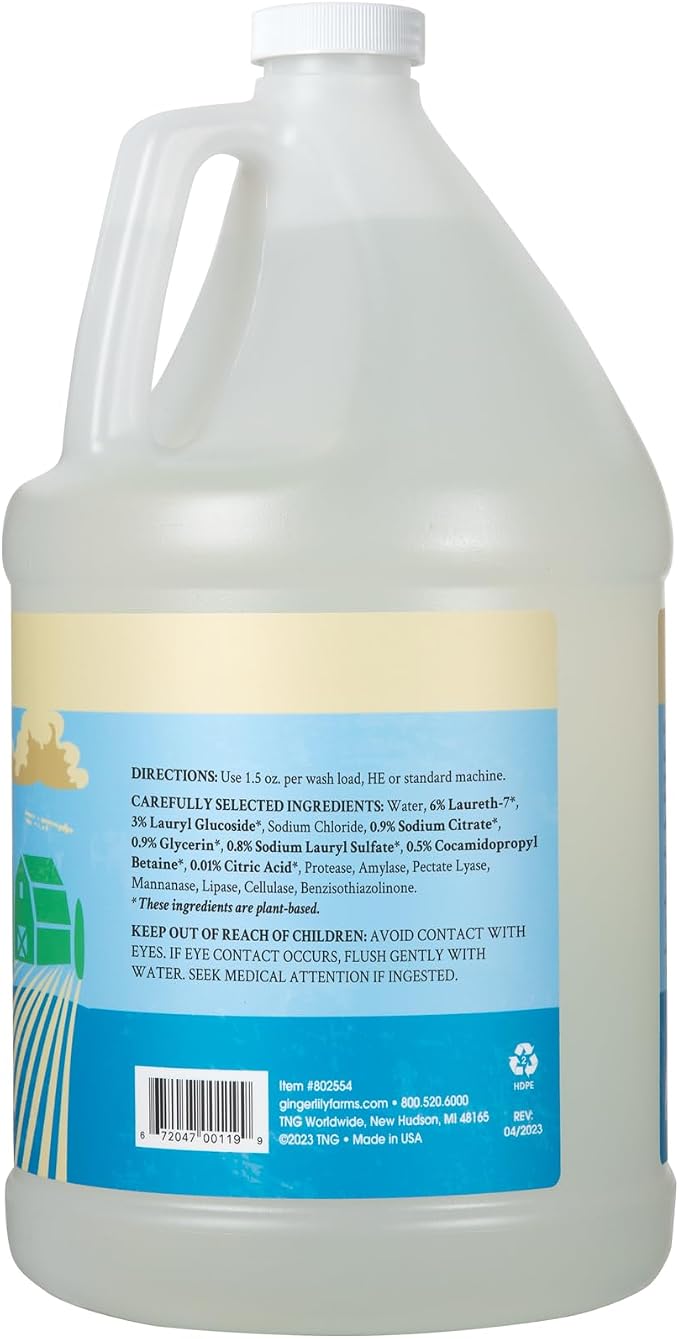 Ginger Lily Farms Botanicals Plant-Based Liquid Laundry Detergent, Free & Clear, Concentrated Formula, HE Compatible, 85 Loads, 1 Gallon (128 fl. oz.)