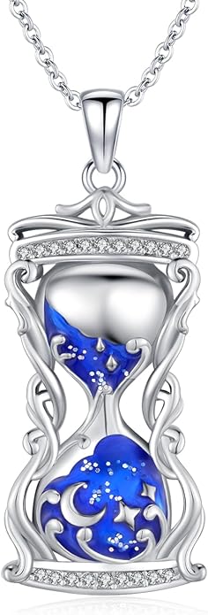 Hourglass Necklace 925 Sterling Silver Sun Moon Star Time Hourglass Pendant Necklaces Blue Memorial Jewelry for Women With 18+2 In Chain
