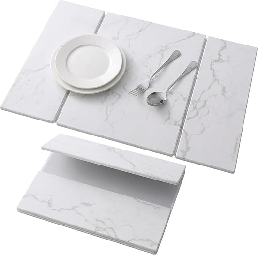 Large Quick-Dry Stone Drying Mat for Kitchen Counter, 24" × 16", Foldable Diatomaceous Earth Dish Drying Mat with PU Non-Slip Base,for Bottles Cups Dishes (White (3-fold), 24" × 16")