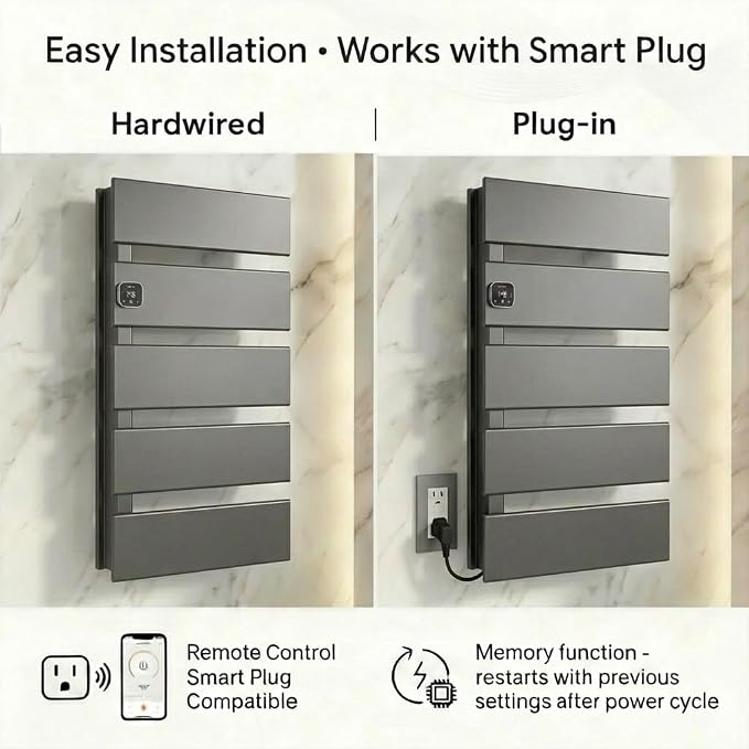 L Series Electric Towel Warmer for Bathroom, 5 Panel, Gun Gray | Thermo Control and Timer, Fast Heat in 3 Mins, Dry Towels in 4 hrs, Memory Function, Work with Smart Plug, Left-Wiring