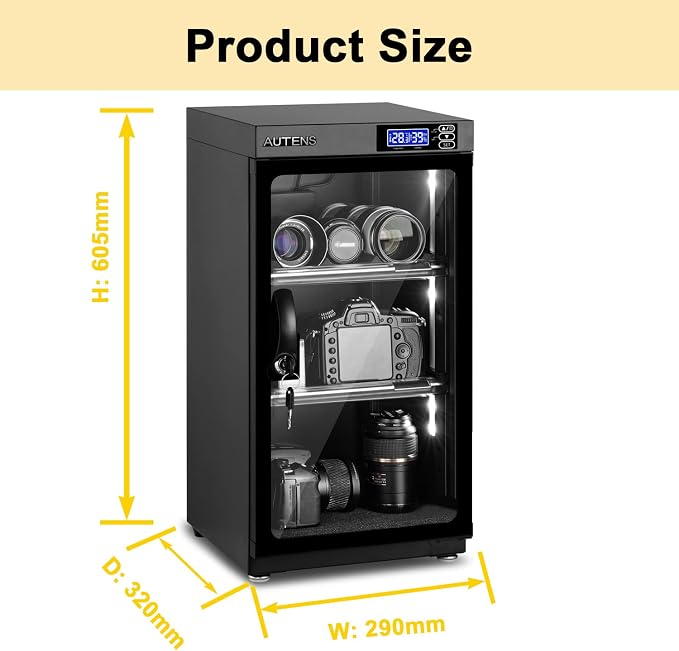 50L Dehumidifying Dry Cabinet Box, Digital Control Noiseless and Energy Saving, 3 Layers for DSLR SLR Camera Lens and Electronic Equipment Storage,Temperature Humidity LED Dual Screen