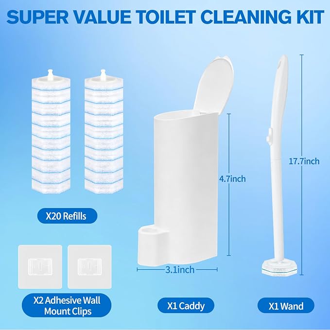 Toilet Brush and Holder Set - Disposable Toilet Bowl Wand Refills with Toilet Bowl Cleaners, Toilet Brush Set Includes 20 Refill Heads, Wand & Storage Caddy - 5X Cleaning Power
