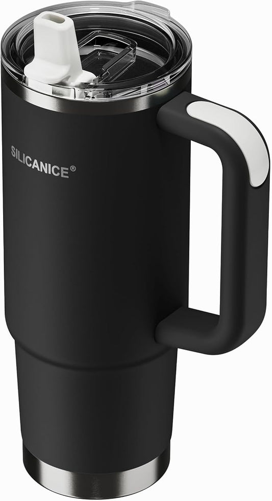 30oz Hygienic Insulated Tumbler with Handle — 100% Leakproof Lid with Removable Spout & Straw, Reinforced Vacuum-Protection Base, Cup Holder Friendly, for Travel/Gym/Office- Black
