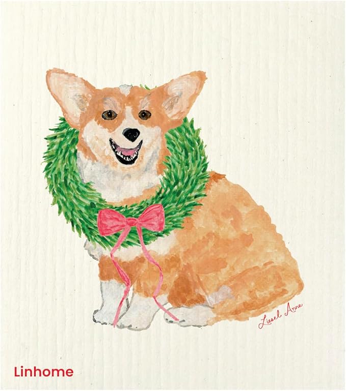 Christmas Holiday Swedish Dishcloth, Cats and Dogs Collection, Reusable Paper Towel, Super Absorbent Cellulose Sponge, Washable Kitchen Cleaning Cloth (Festive Corgi - 1 Pack)