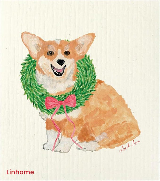 Christmas Holiday Swedish Dishcloth, Cats and Dogs Collection, Reusable Paper Towel, Super Absorbent Cellulose Sponge, Washable Kitchen Cleaning Cloth (Festive Corgi - 1 Pack)