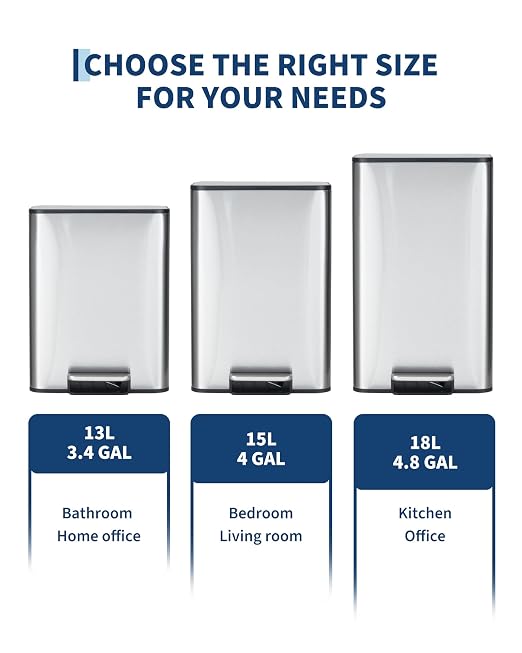 GarveeHome 4 Gallon Small Trash Can, Rectangular Stainless Steel Waste Bin with Quiet Foot Pedal, Soft-Close Lid & Removable Bucket, Space-Saving Design Garbage Can for Bedroom, Living Room, Silver
