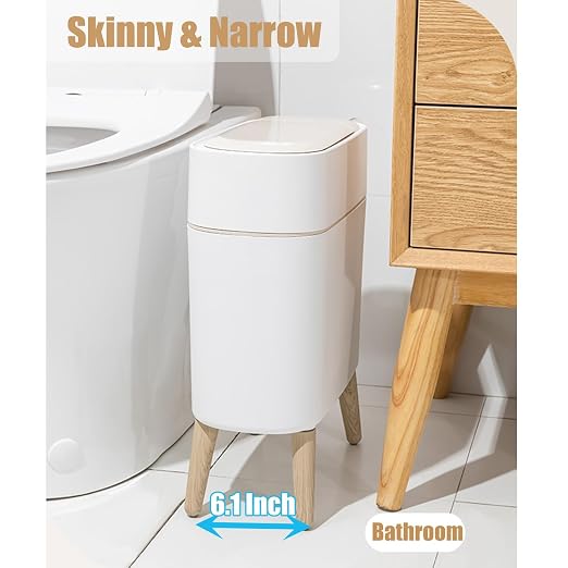Yatmung 2 Pack - Motion Sensor Trash Can with Lid Slim Smart Garbage Can - Waste Basket for Bedroom, Office, Kitchen, Living Room - Automatic Trash Can Bathroom Touchless - White with Wooden Legs