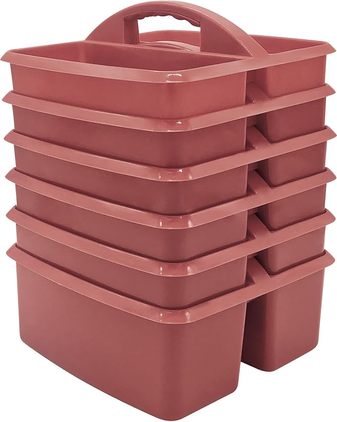 Teacher Created Resources Deep Rose Portable Plastic Storage Caddy 6-Pack for Classrooms, Kids Room, and Office Organization, 3 Compartments