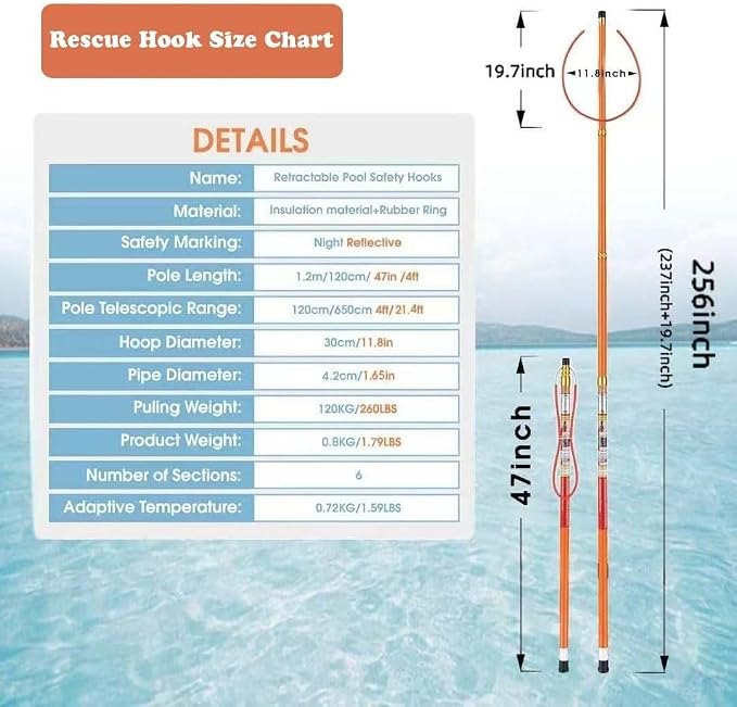 Rescue Hook Water Rescue Pole,4-21ft Telescopic Pool Rescue Hook with Pole, Adjustable Rescue Equipment Lightweight, Emergency Rescue Equipment for Drowning Swimmers (256IN-Orange (Color))