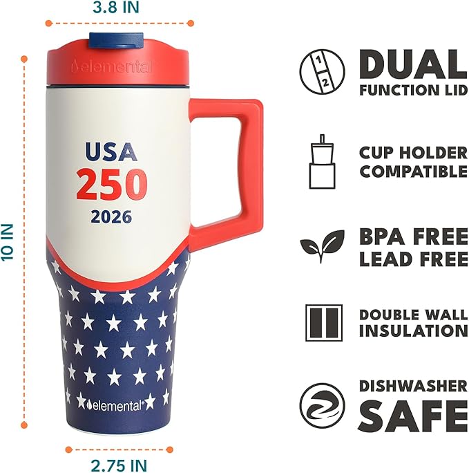 Elemental 32 oz 100% Leak Proof Tumbler with Handle & Straw - Stainless Steel Double Wall Insulated Tumbler for Hot and Cold Beverages - Travel Coffee Mug with Sip & Straw Lid - USA 250
