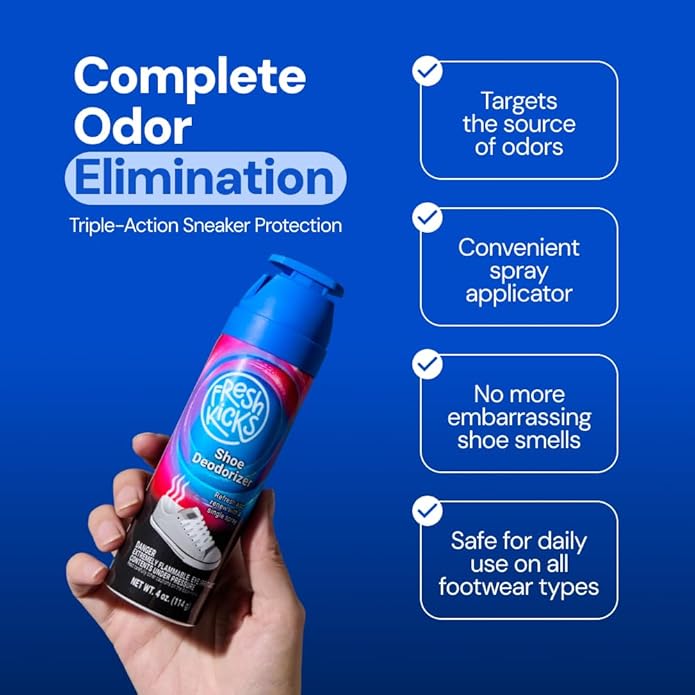 FRESH KICKS Shoe Deodorizer Spray, 4 oz – Instantly Erases Odors & Sweat in Everyday Shoes – Fast-Drying, No Residue, Gentle on Leather, Canvas, & Mesh – Long-lasting Shoe Spray Deodorizer