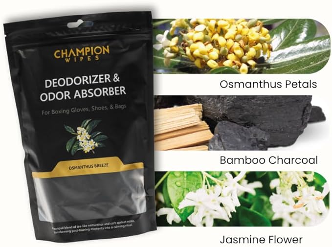 Deodorizer Inserts for Boxing Gloves, Hockey Equipment, Gym Bags & Sports Gear – Bamboo Charcoal Odor Absorber & Moisture Absorber – Reusable Dual-Pouch Insert (Osmanthus Breeze)