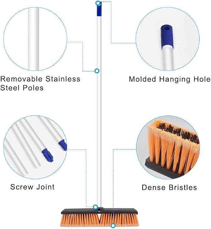 18" Push Broom Heavy Duty Large Outdoor Sweeping Broom Wide Industrial Scrub Brush with Long Handle Commercial for Concrete Floor Shop, Garage, Warehouse, Street, Driveway(Orange