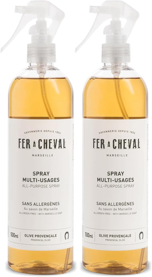 Fer à Cheval Versatile Marseille All-Purpose Spray Cleaner - Natural Provençal Olive Scent, Allergen-Free, 99% Natural Ingredients, 500 ml/16.9 fl oz (2-Pack)