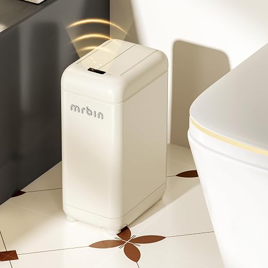 MRBIN 9L Slim Automatic Trash Can with Butterfly Lid, 2.4Gal Touchless Sensor Waste Bin, Waterproof Splash-Proof Design, Narrow Garbage Container for Bathroom, Bedroom, Small Spaces, Cream White