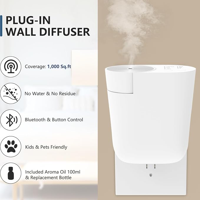 Plug-in wall Diffuser, Waterless Diffuser for Essential Oils, Portable Mini Home Scent Machine Up to 1,000 Sq.ft, Smart APP Control, Aromatherapy Kit with 100ml Oil & Refill Bottle, White