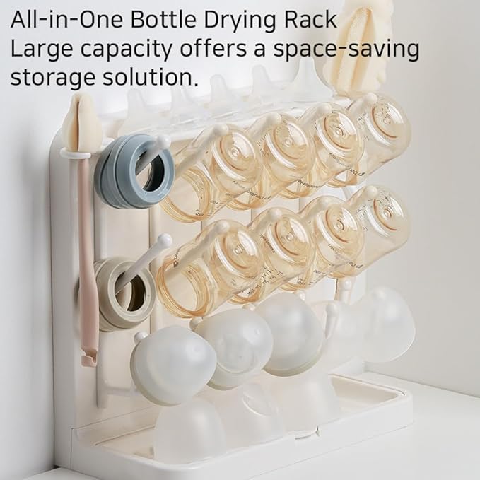 LUNELL Baby Bottle Drying Rack with 20 Hooks and Drip Tray, Large Space Saving Vertical Dryer Holder for Countertop, Storage Organizer for Pump Parts, Pacifiers, with Brush Holder, Ivory White