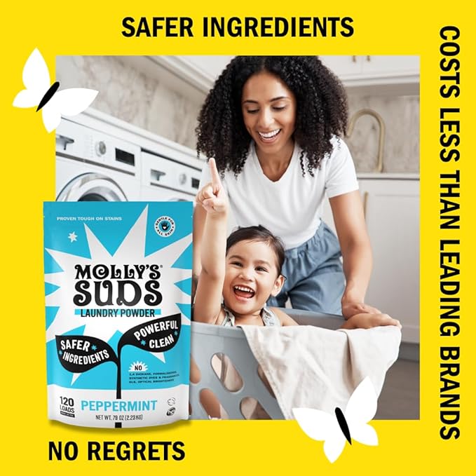 Molly's Suds Peppermint Laundry Detergent Powder (120 Loads) & 6 XL Wool Dryer Balls (White) Bundle