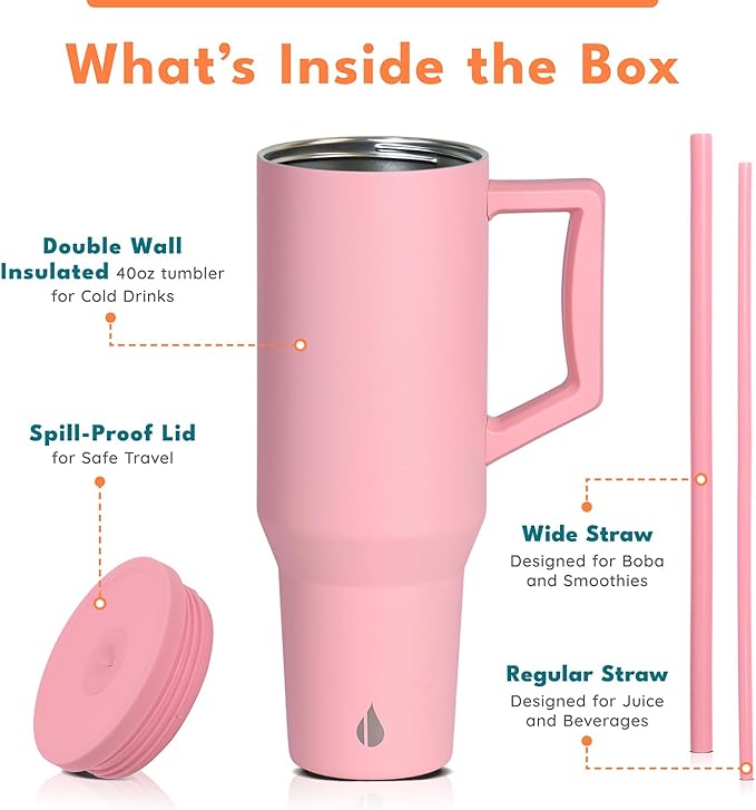 Elemental 40 oz Tumbler with Handle and Straw - Spill Proof Insulated Stainless Steel Commuter for Cold Beverages - Travel Coffee Mug with 2 Straws & Spill Proof Lid - 40oz - Rose