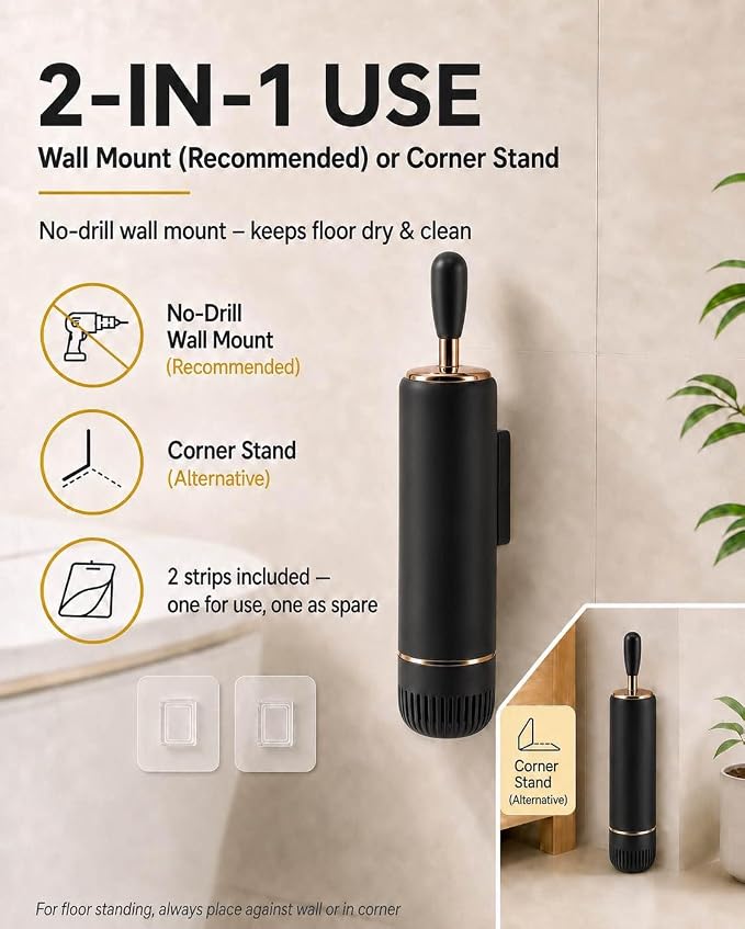 Toilet Brush Set, Dense Nylon Bristles, Wall Mount, Non-Scratch, Black Gold | 16.5" Handle,Splash-Proof,Odor-Locking Lid ,Ventilated Base,Hideaway Brush Head,Thick ABS,2 Adhesive