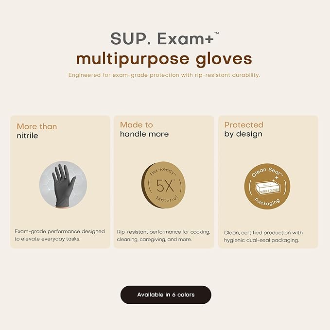 SUP Nitrile Exam Gloves, 1000 Ct Powder Free Latex Free Food Safe Non-Sterile Cooking Cleaning Disposable Medical Glove Black