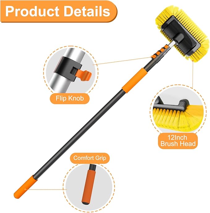 SISUPASSIE Car Wash Brush, 16FT Telescopic Car Wash Brush with Long Handle, 12-Inch Soft Bristle Car Cleaning Brush for Cleaning Car, RV, Truck, Boat, Solar Panels