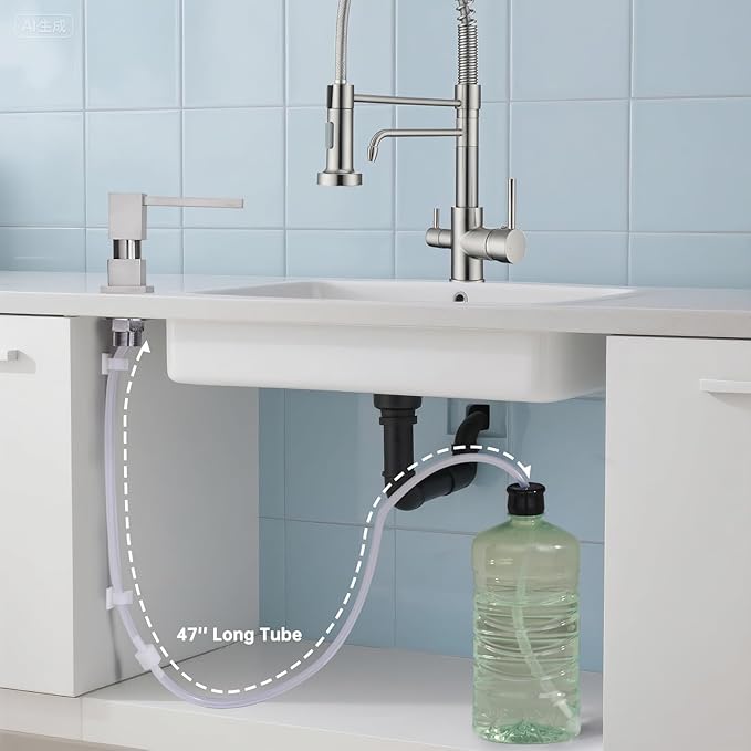 Built in Sink Soap Dispenser Dispenser Square with 47'' Long Tube, Brushed Brushed Nickel Brass Pump Head for Kitchen Sink with 17 oz Bottle