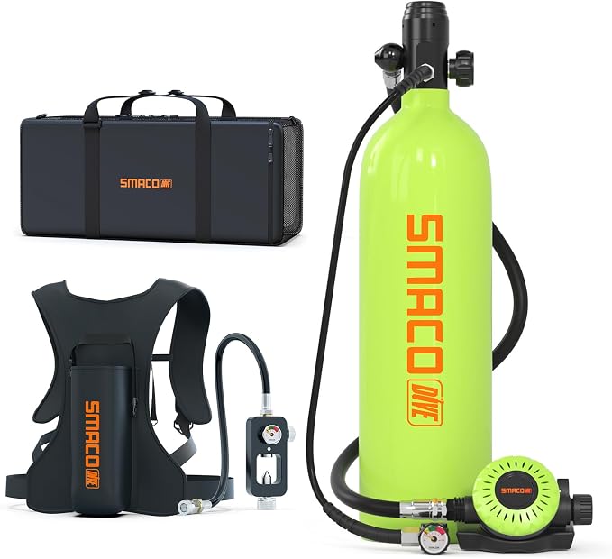 SMACO Mini Scuba Tank 1.9L Capacity Diving Oxygen Tank for Underwater Breathing Reusable Small Scuba Tank Kit with Portable Bag Scuba Cylinder for Underwater Entertainment/Diving Work