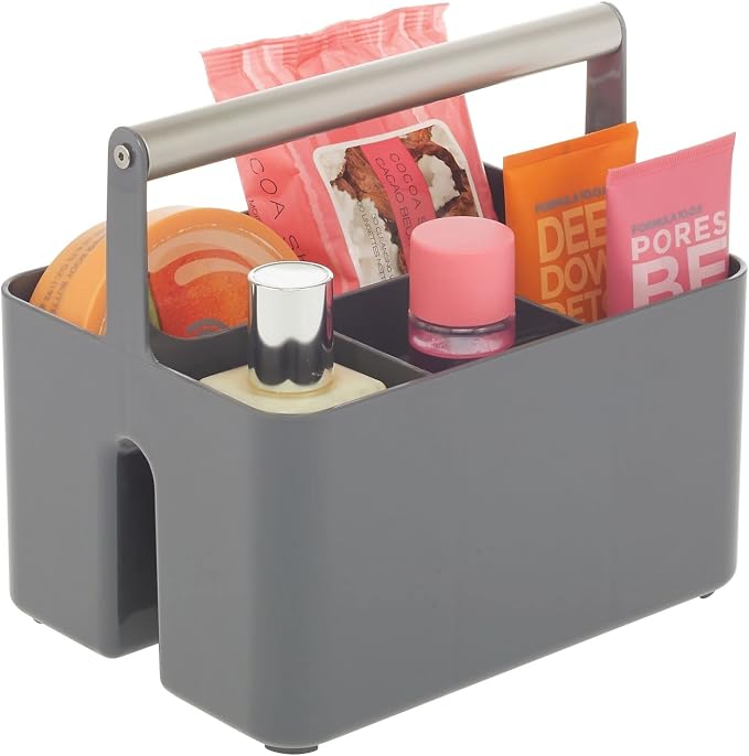 mDesign Plastic Shower Caddy Storage Organizer Utility Tote, Divided Basket Bin - Metal Handle for Bathroom, Dorm, Kitchen, Holds Soap, Shampoo, Conditioner - Aura Collection - Charcoal Gray/Satin